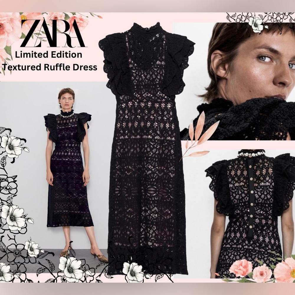 Zara Limited Edition Textured Ruffle Crochet Dress